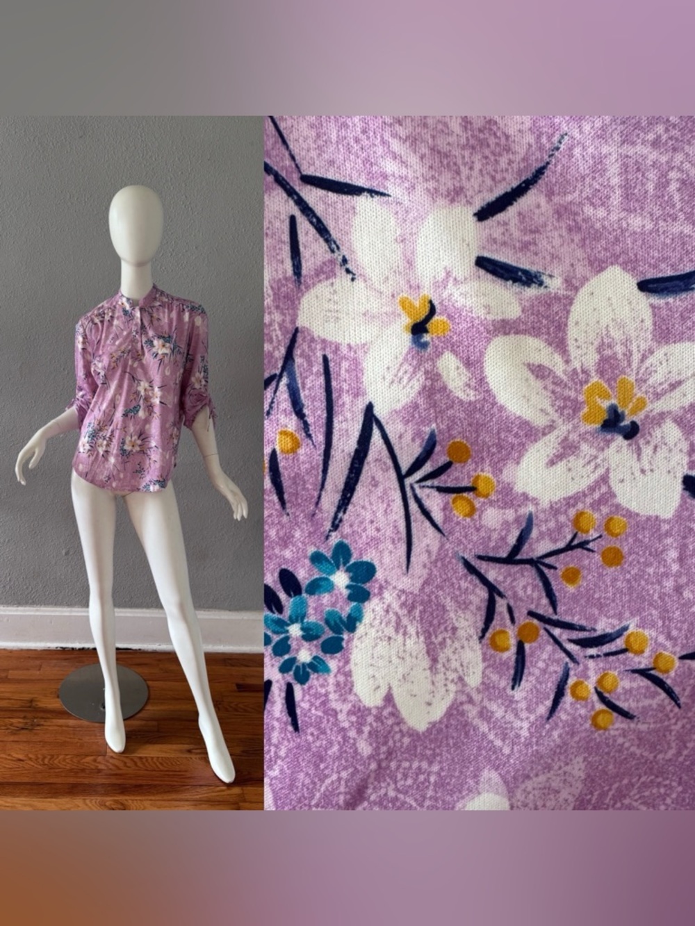 Vintage 70s Purple Tropical Floral Hippie Top Blouse M